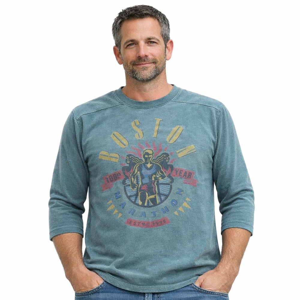 Vintage 90s Green Long-Sleeve Boston Marathon Graphic Crewneck Cotton Tee Shirt